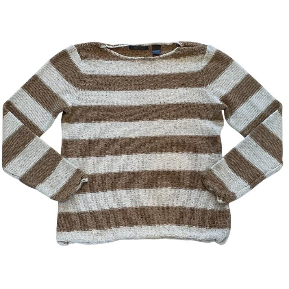 Liz Claiborne Tan Ivory Striped Textured Knit Long Sleeve Crew Neck Sweater M